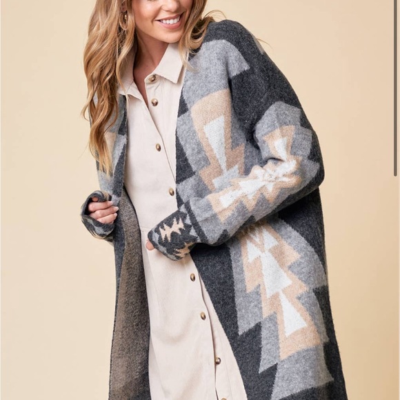 New Aztec Western Print Grey Long Cardigan Sweater Coat Western Cowichan - Picture 2 of 8